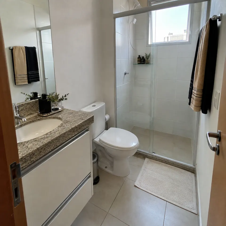 Banheiro limpo com box de vidro e toalhas dobradas