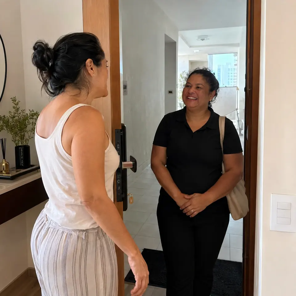 Cliente abrindo a porta para a diarista de camiseta preta