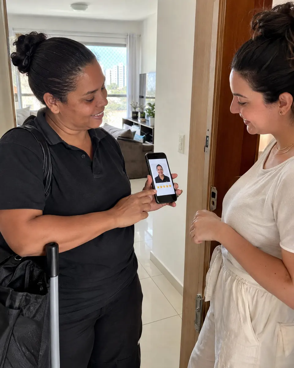 Cliente mostrando no celular a foto da diarista que chegou
